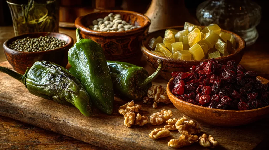 Ingredientes para variaciones de chiles en nogada vegetarianas