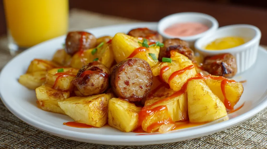 salchipapa colombiana con salsas especiales servida con papas y salsas caseras