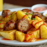 salchipapa colombiana con salsas especiales servida con papas y salsas caseras