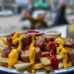 receta casera de salchipapa peruana servida en bandeja metálica con papas y salsas típicas