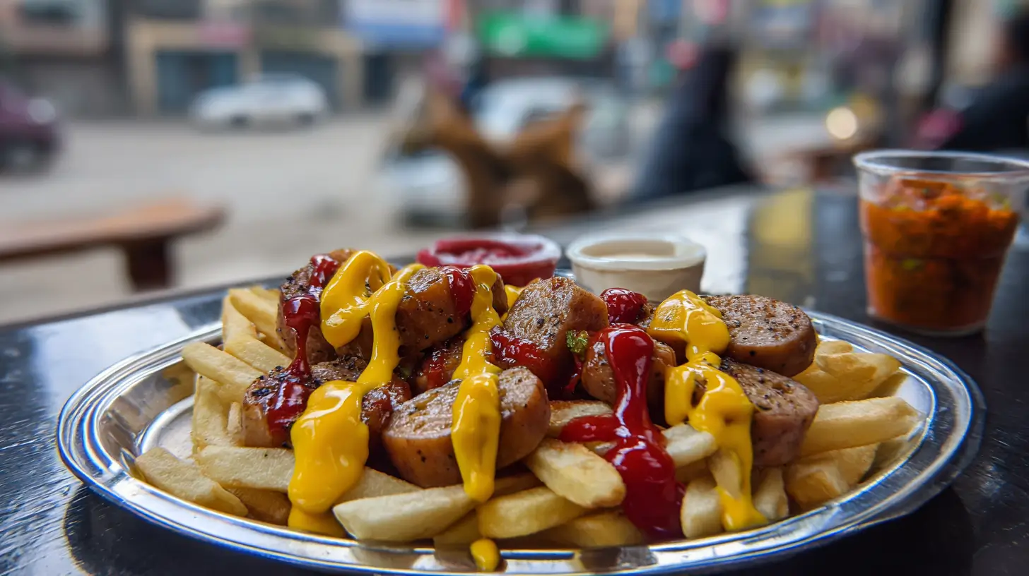 receta casera de salchipapa peruana servida en bandeja metálica con papas y salsas típicas