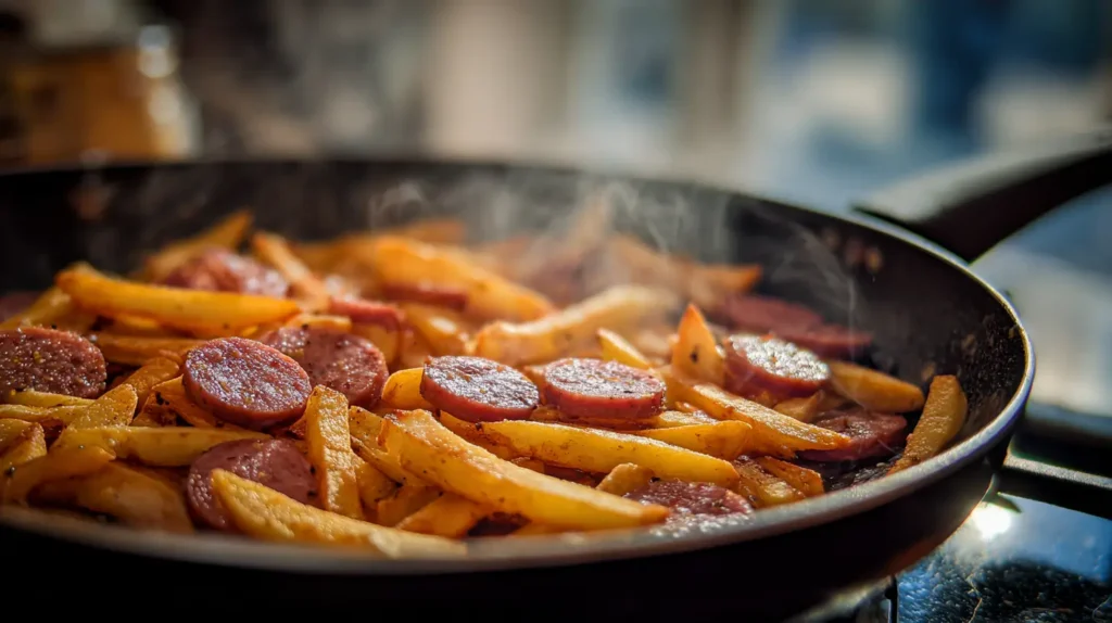 preparación paso a paso de la receta casera de salchipapa peruana