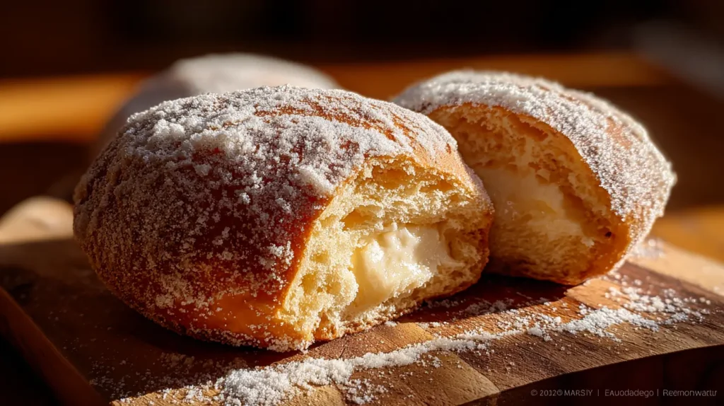Pan de muerto relleno de crema pastelera con relleno visible