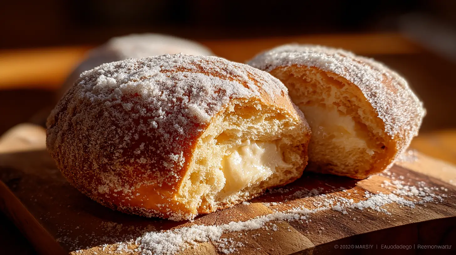 Pan de muerto relleno de crema pastelera con relleno visible