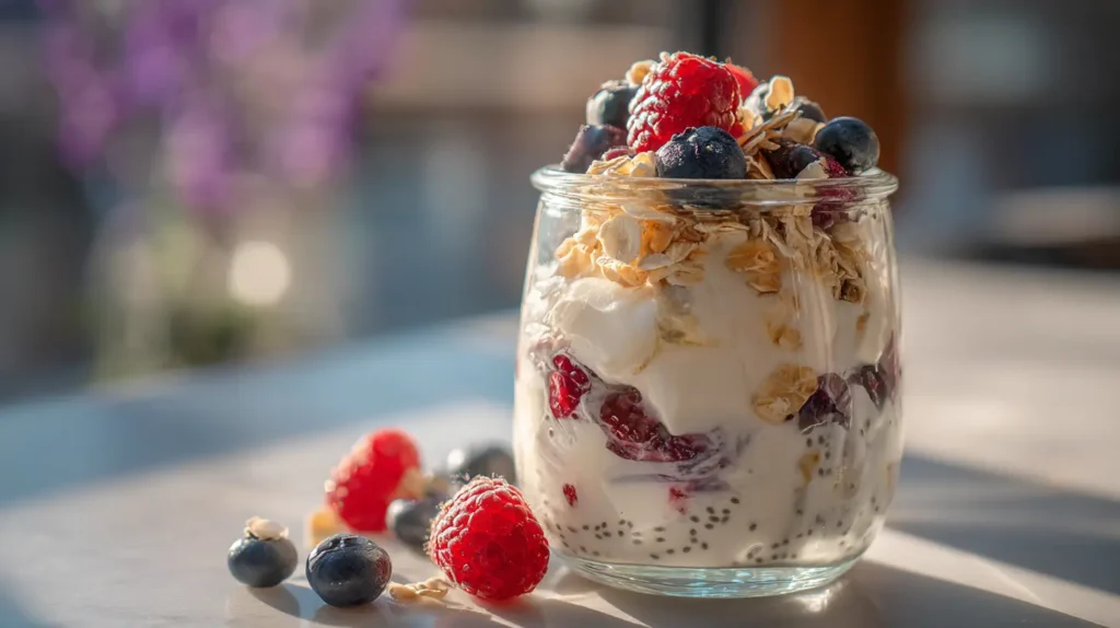 Yogur proteico con frutas y avena.