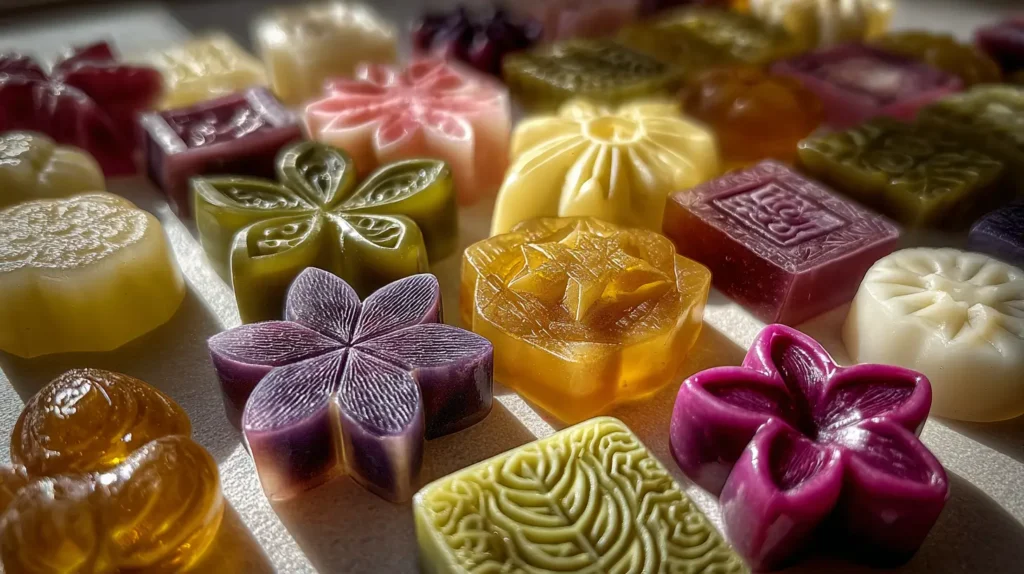 Tipos de gelatina artística con formas originales y coloridas