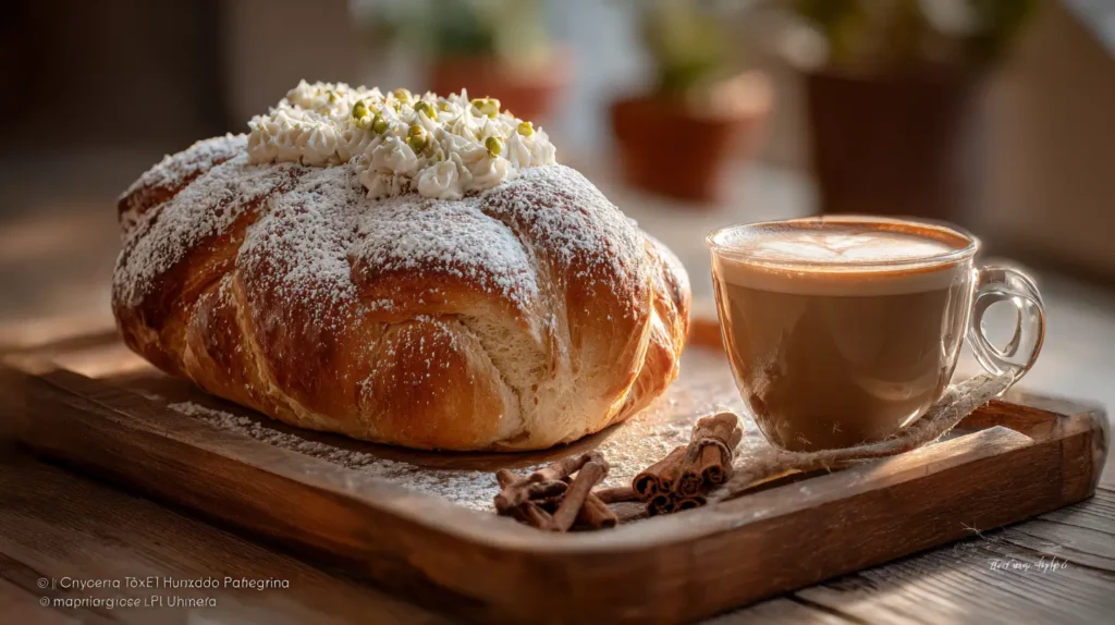 Pan de muerto relleno de crema pastelera servido con chocolate caliente
