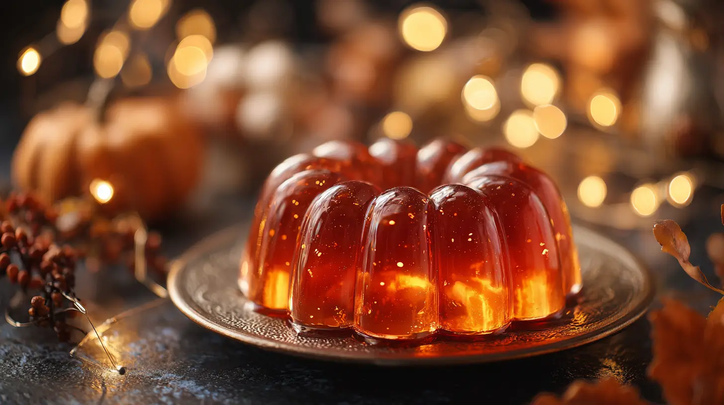 Gelatina de calabaza de Halloween en mesa decorada.