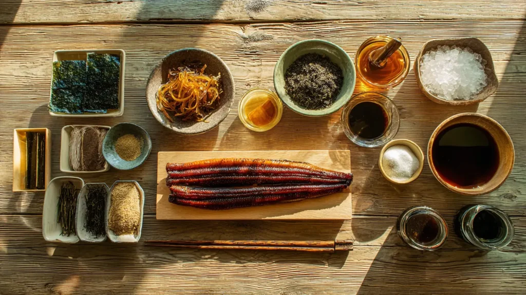 ingredientes para preparar gelatina japonesa de anguila (unagi jelly) con dashi, mirin y salsa de soya