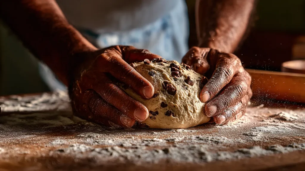 Preparación del pan de muerto relleno de chocolate amasando la masa