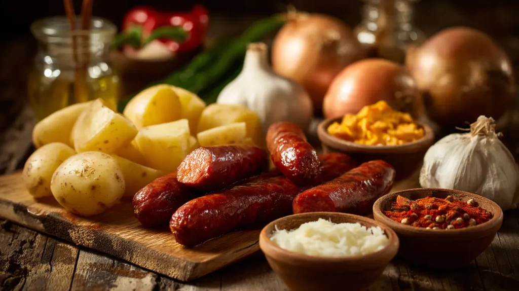 ingredientes para preparar salchipapa colombiana con salsas especiales