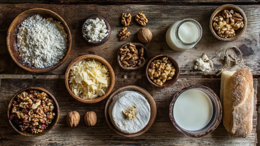 Ingredientes frescos para preparar salsa de nogada casera paso a paso.