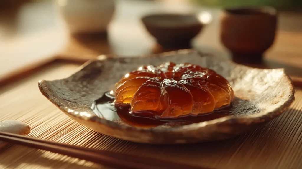 textura y presentación de la gelatina japonesa de anguila (unagi jelly) en plato japonés