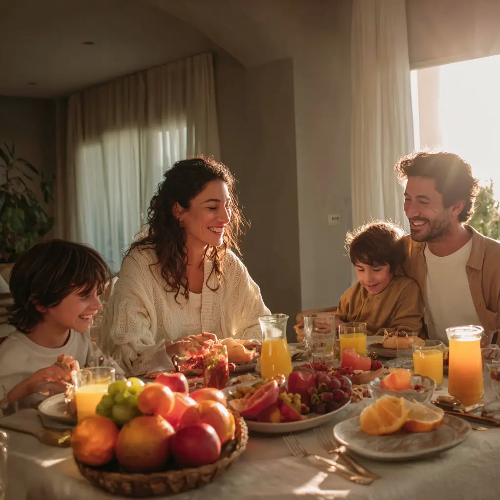 familia desayunando con hábitos saludables en familia