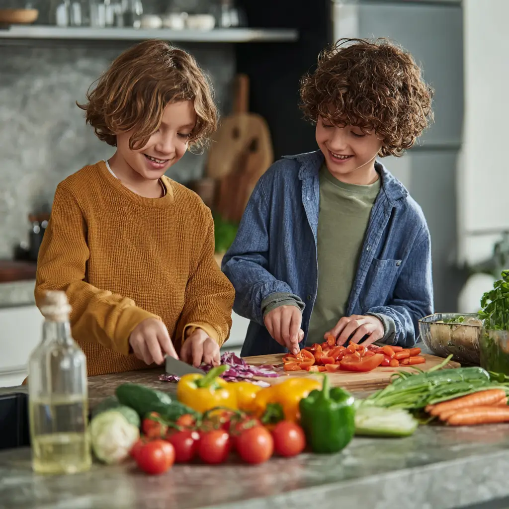niños cocinando con padres hábitos saludables en familia