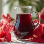 Agua de jamaica para adelgazar en jarra de vidrio sobre mesa de cocina