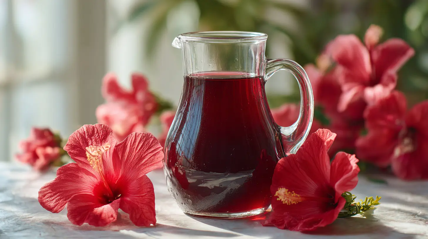 Agua de jamaica para adelgazar en jarra de vidrio sobre mesa de cocina