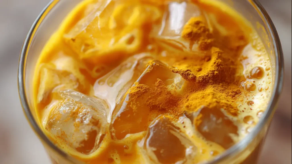 batido frío de cúrcuma para adelgazar en vaso de vidrio