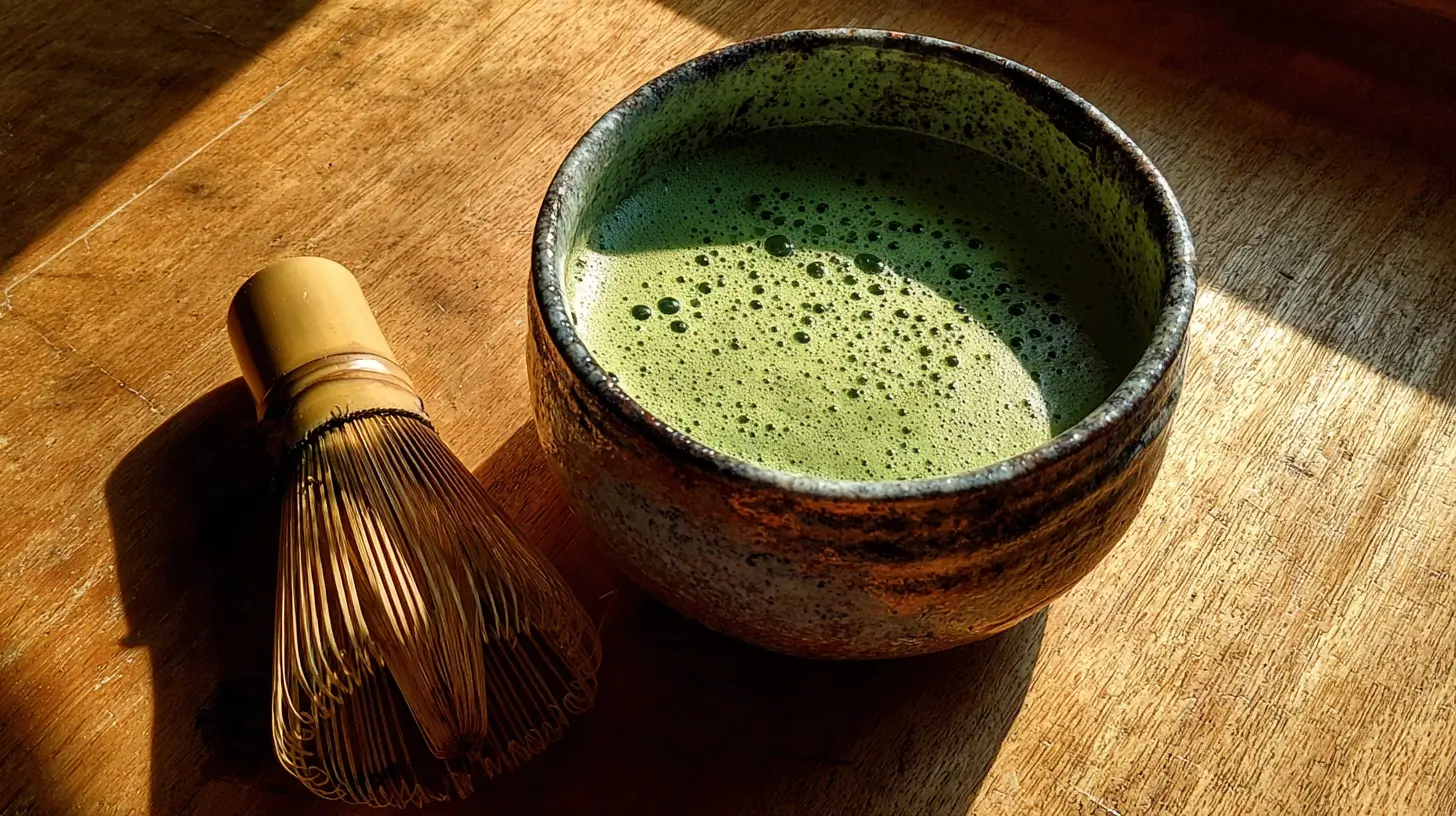 Té matcha recién batido con chasen tradicional japonés.