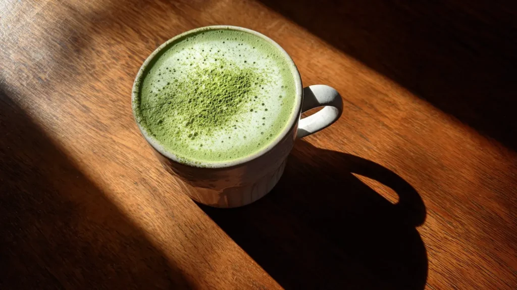 Matcha latte caliente y saludable con leche vegetal sin azúcar.