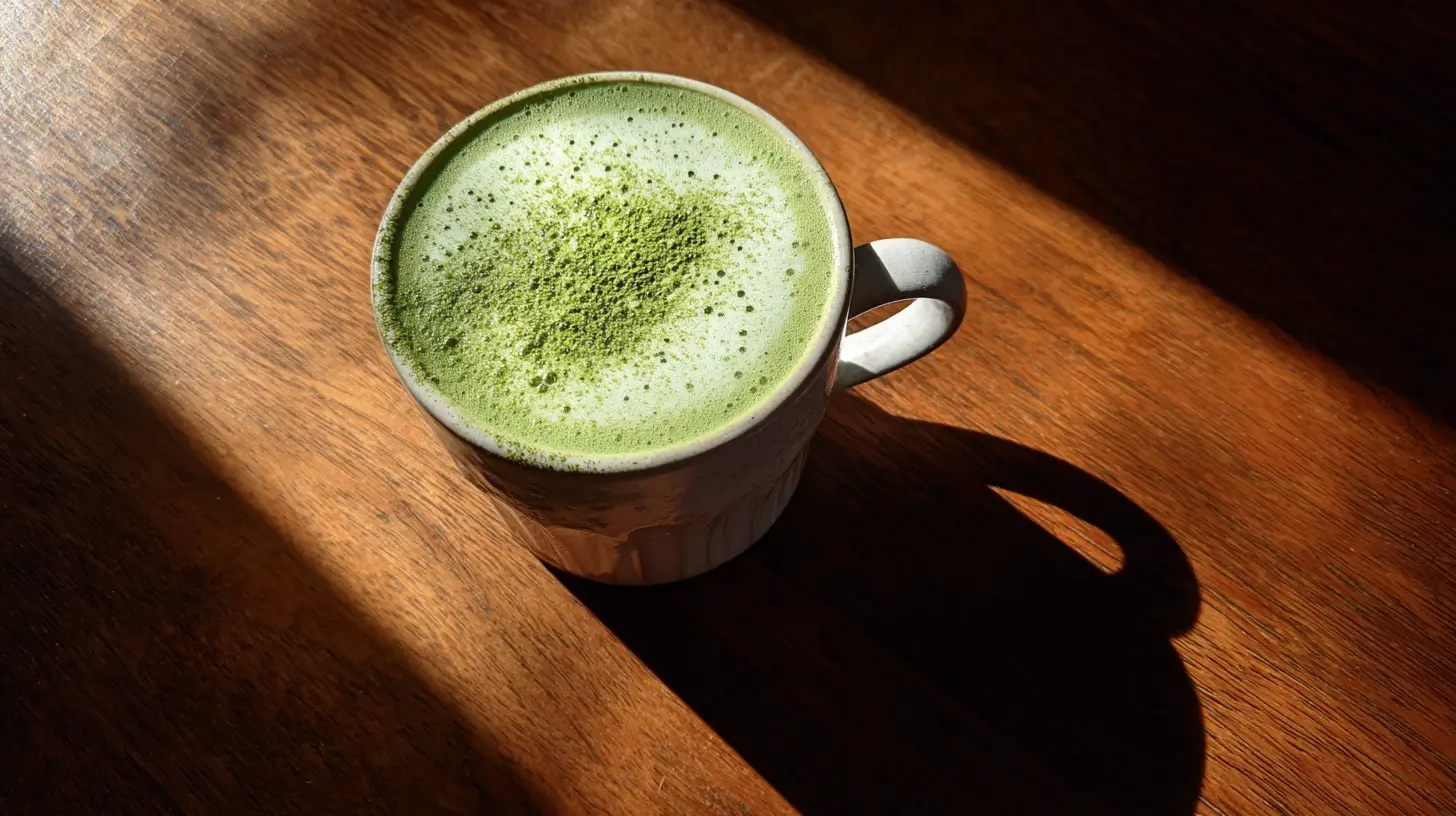 Matcha latte caliente y saludable con leche vegetal sin azúcar.