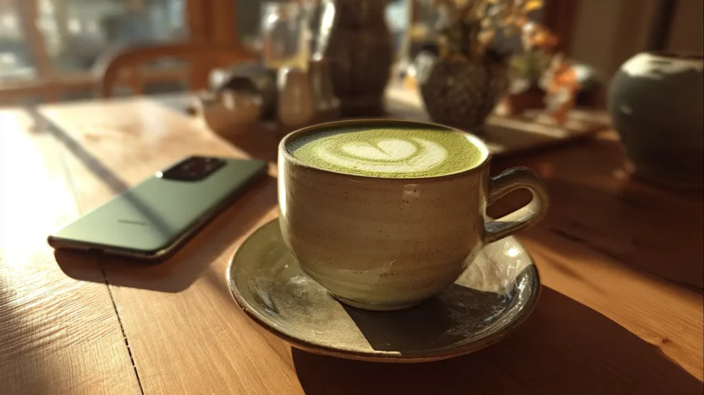 Matcha latte caliente y saludable : Persona disfrutando un matcha latte caliente y saludable en casa.