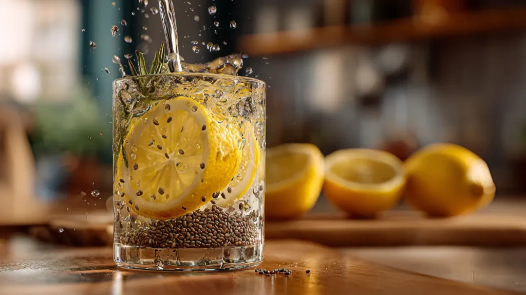 “preparación de la receta natural de zepbound mezclando chía y limón”