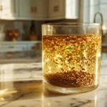 bebida casera con linaza dorada para adelgazar en vaso de vidrio