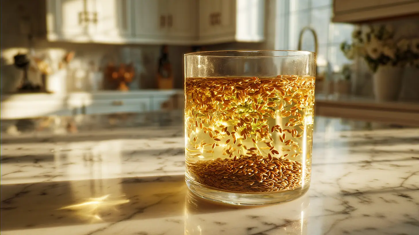 bebida casera con linaza dorada para adelgazar en vaso de vidrio