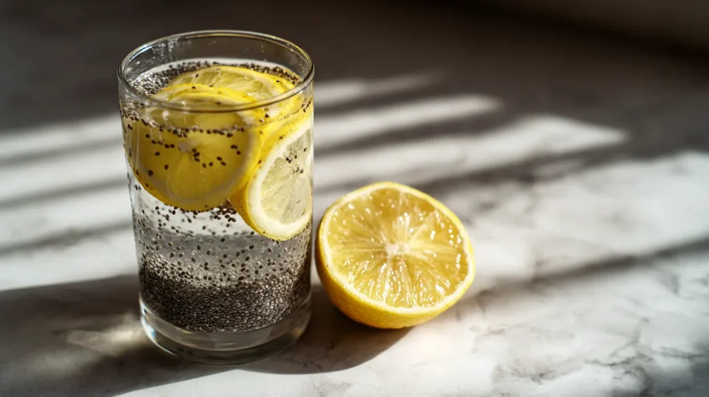 “receta natural de zepbound bebida casera en vaso con chía y limón”