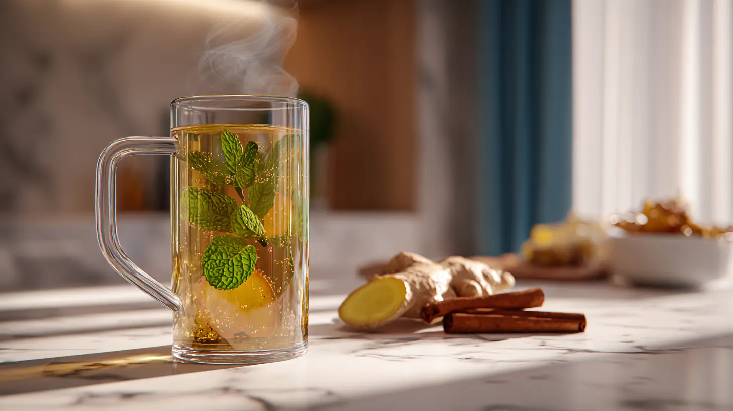 té bariátrico para bajar de peso servido en taza de cristal con jengibre, canela y menta