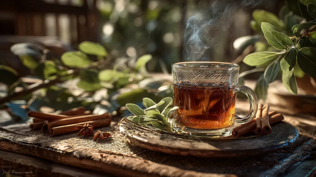 té de orégano y canela para adelgazar en taza de madera
