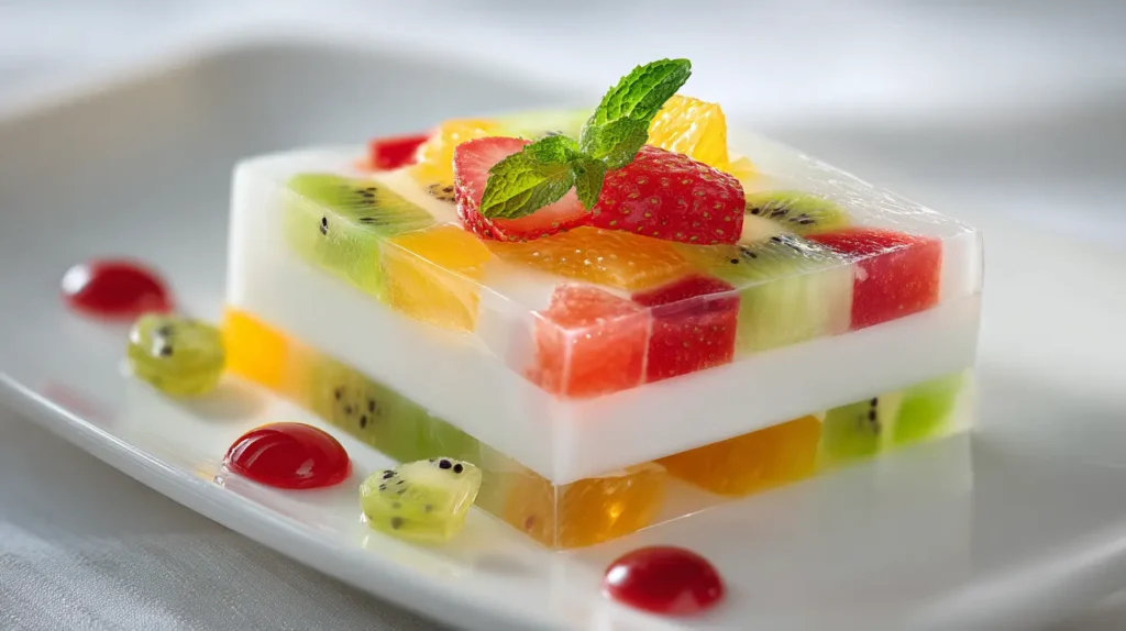 Gelatina blanca en capas con frutas para postres creativos