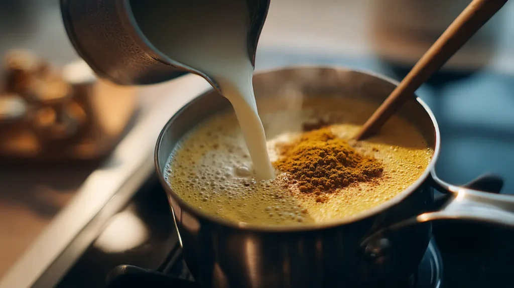 Preparación paso a paso de un curcuma latte casero