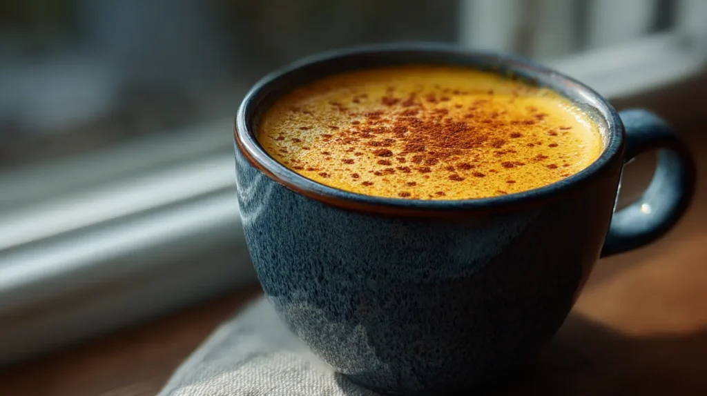Curcuma latte casero servido caliente en una taza