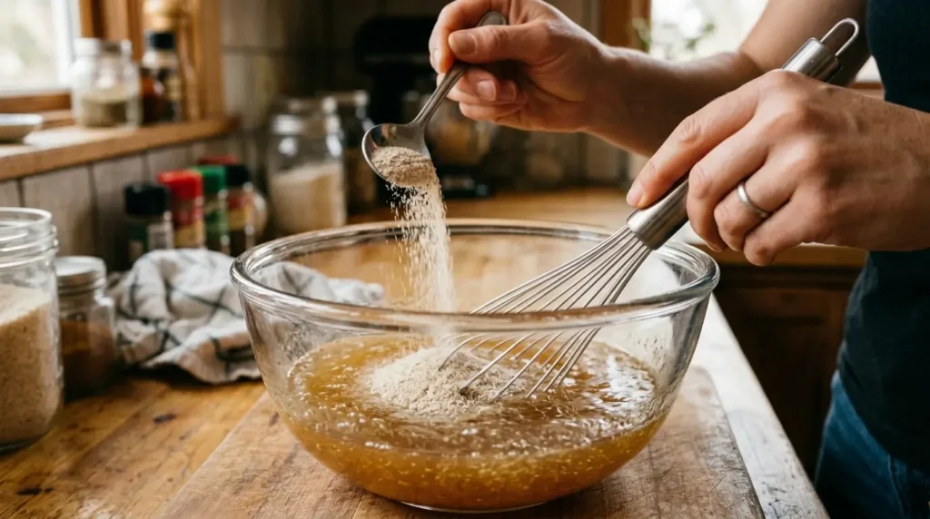 Cómo preparar gelatina bariátrica con psyllium: incorporando el psyllium en polvo a la mezcla de gelatina tibia mientras se revuelve