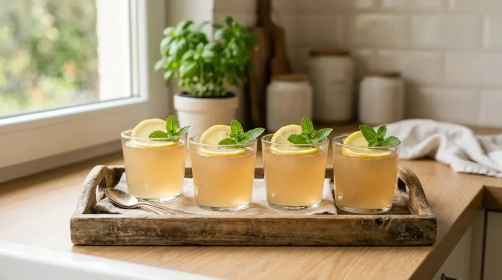 Cuatro porciones individuales de gelatina bariátrica con psyllium listas para servir, decoradas con limón y menta fresca