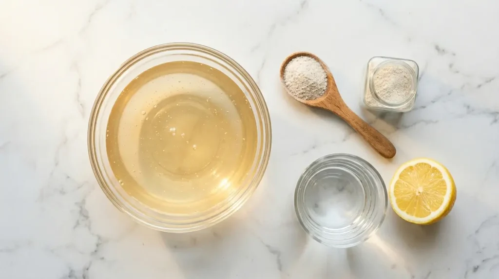 Ingredientes para la receta de gelatina bariátrica con psyllium: grenetina sin sabor, psyllium en polvo, limón y agua sobre una mesa de mármol