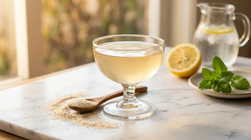 Receta de gelatina bariátrica con psyllium: postre saciante y bajo en calorías servido en copa de cristal con psyllium en polvo y limón