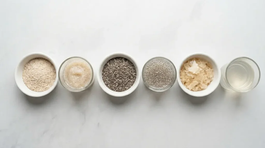 Comparativa visual entre psyllium, chía y agar-agar: tres fibras populares para gelatina bariátrica mostrando su diferente capacidad de gelificación