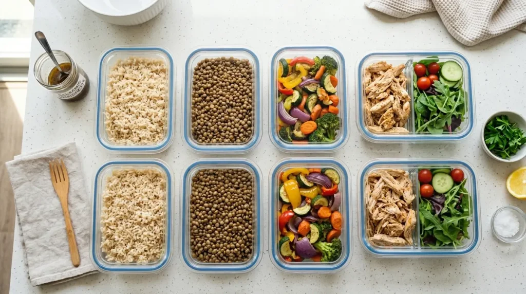 Batch cooking dominical en familia — preparación semanal de bases saludables en 90 minutos