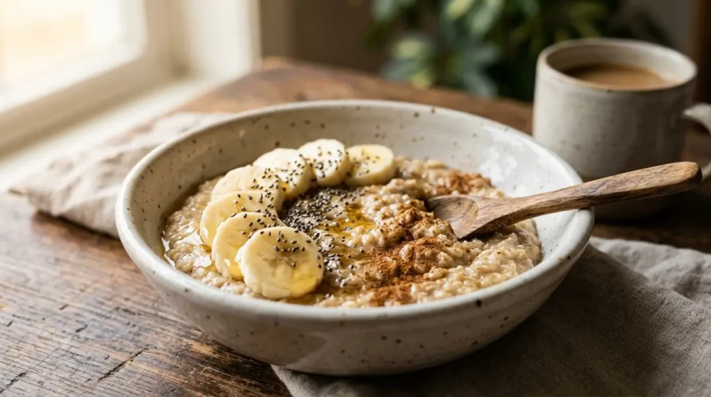 Desayuno saludable para familia con avena, frutas y semillas de chía