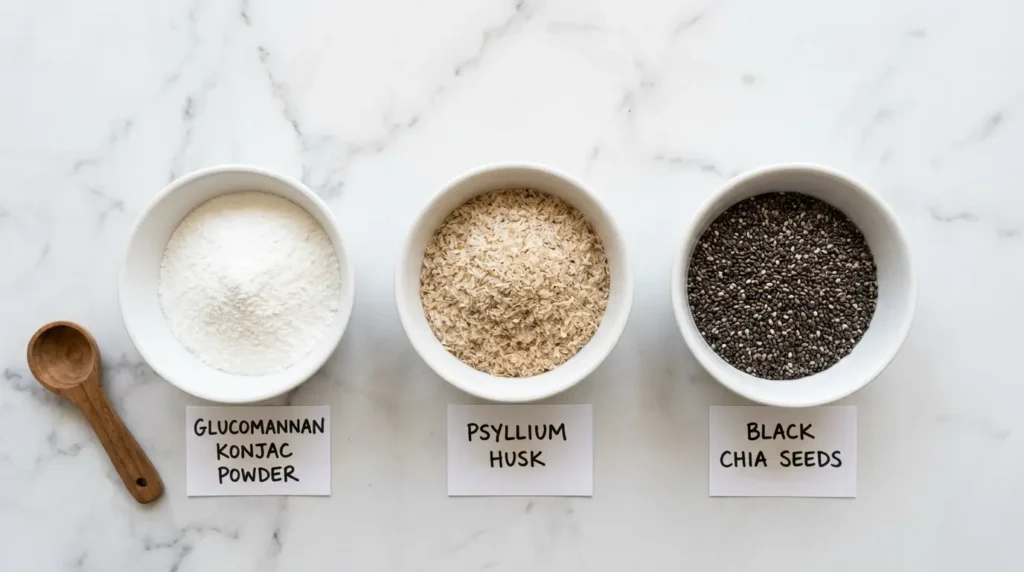 Comparación visual entre konjac, psyllium y chía como fibras saciantes para adelgazar