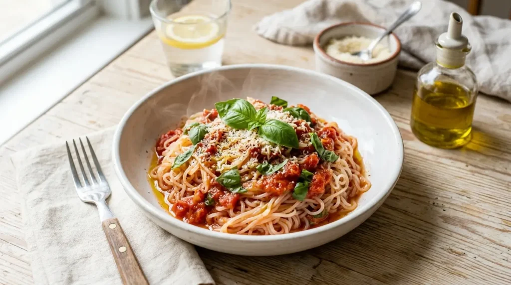 Fideos shirataki de konjac con salsa de jitomate y albahaca — receta baja en calorías