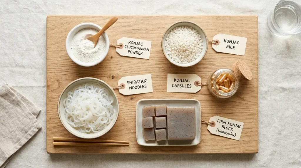 Formas de consumir konjac — polvo glucomanano, fideos shirataki, cápsulas y arroz de konjac