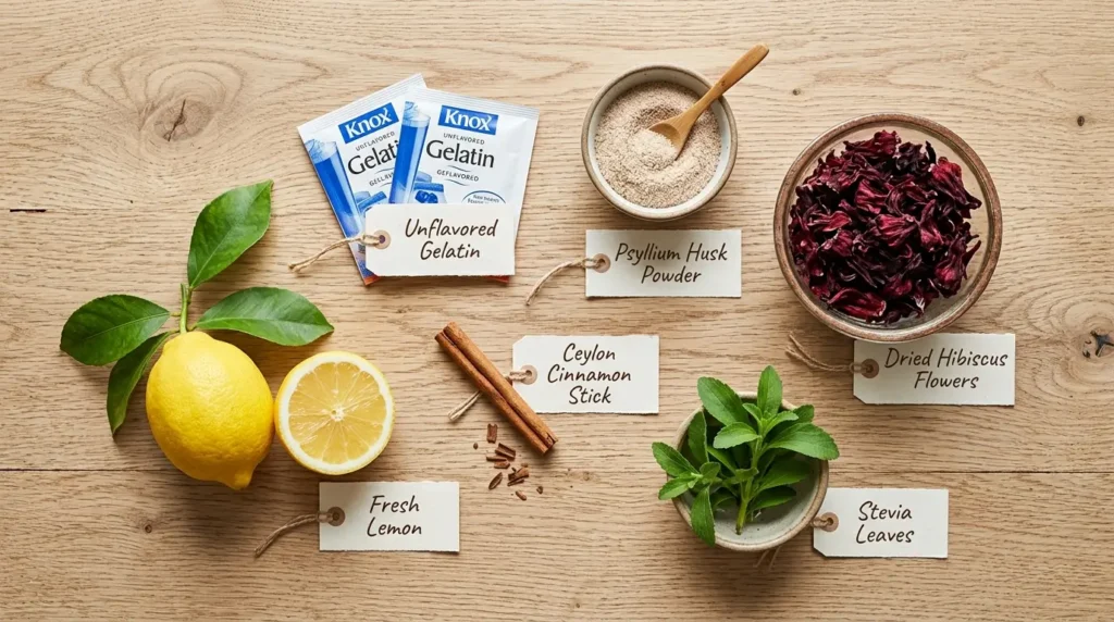 Ingredientes para preparar gelatina como balón gástrico natural: grenetina, psyllium, jamaica y limón