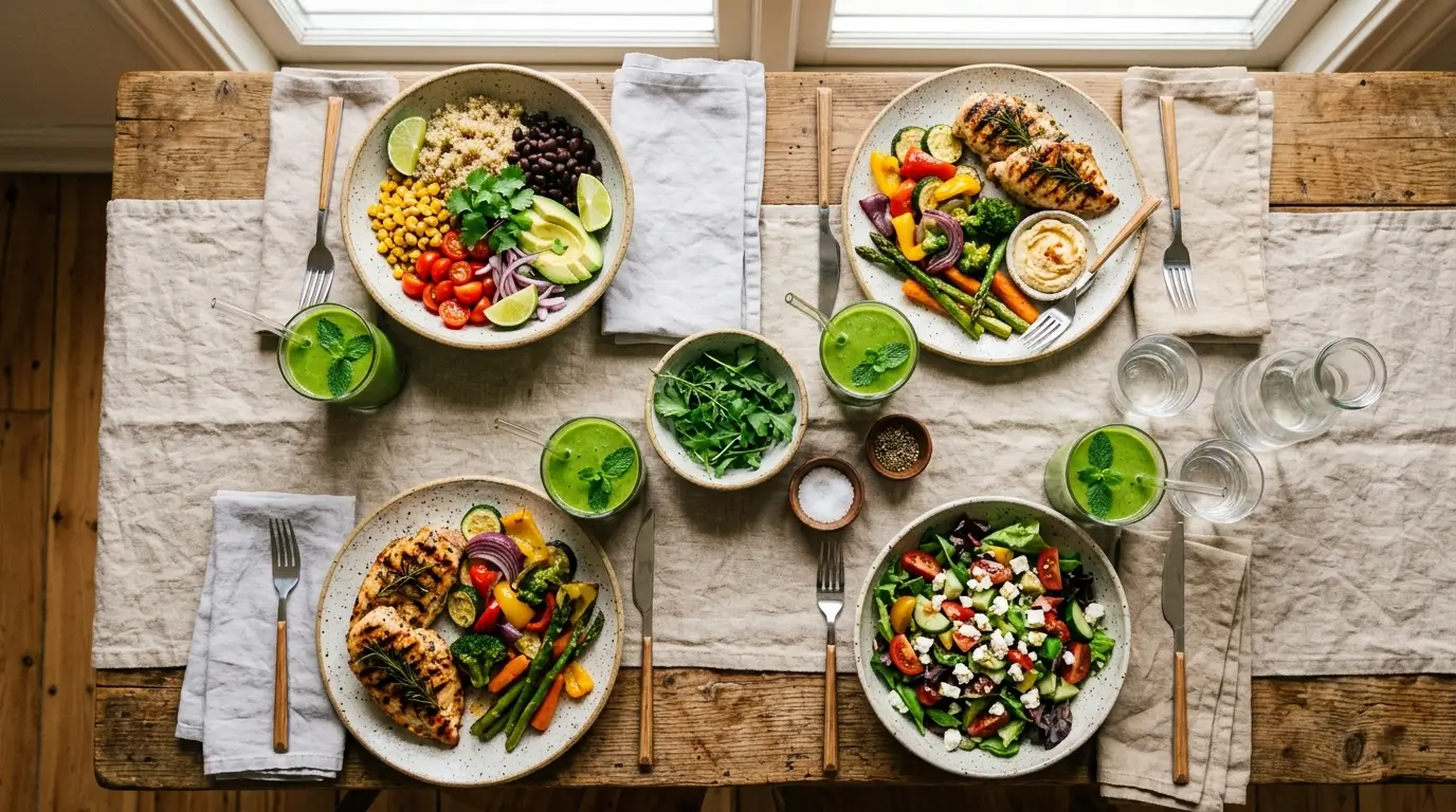 Recetas saludables para familias — mesa con platos coloridos y nutritivos