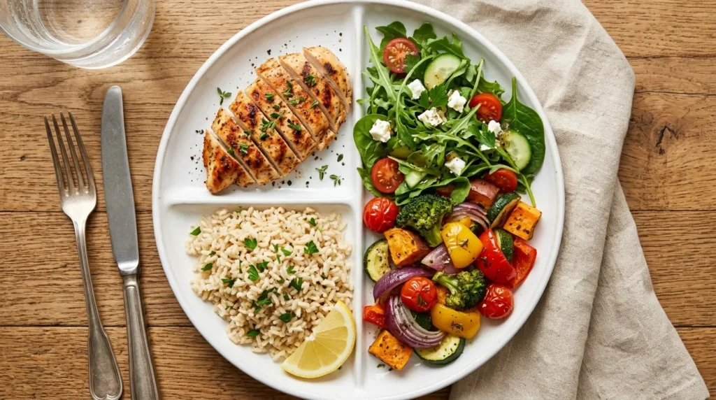 Rutina saludable de mañana en familia — plato dividido con verduras, proteína y carbohidrato