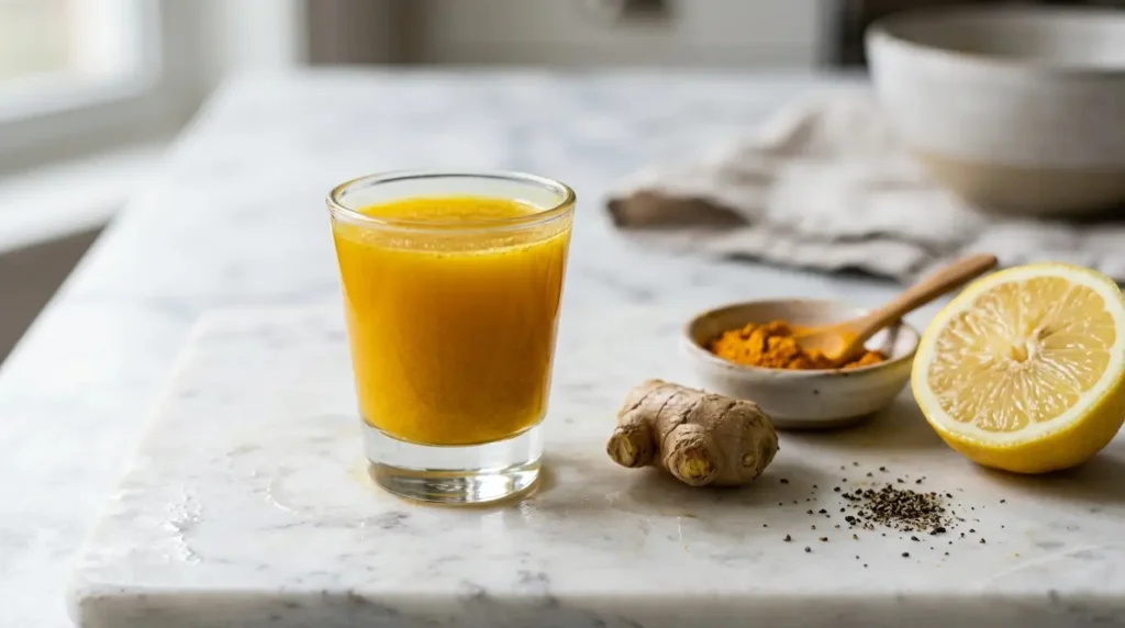 Shot antiinflamatorio casero de jengibre y cúrcuma con limón y pimienta negra