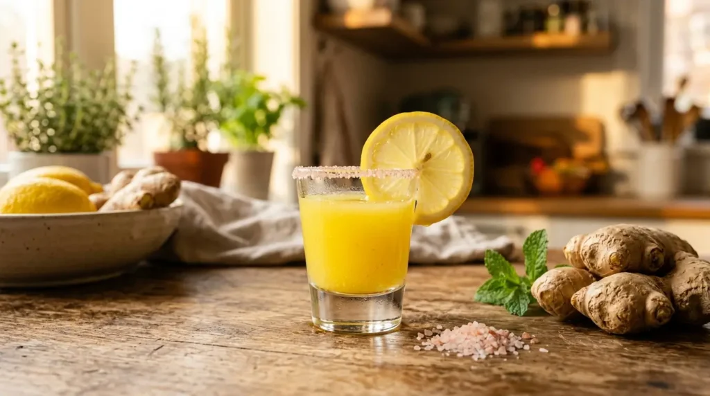 Shot digestivo de jengibre y limón en ayunas para reducir la hinchazón abdominal